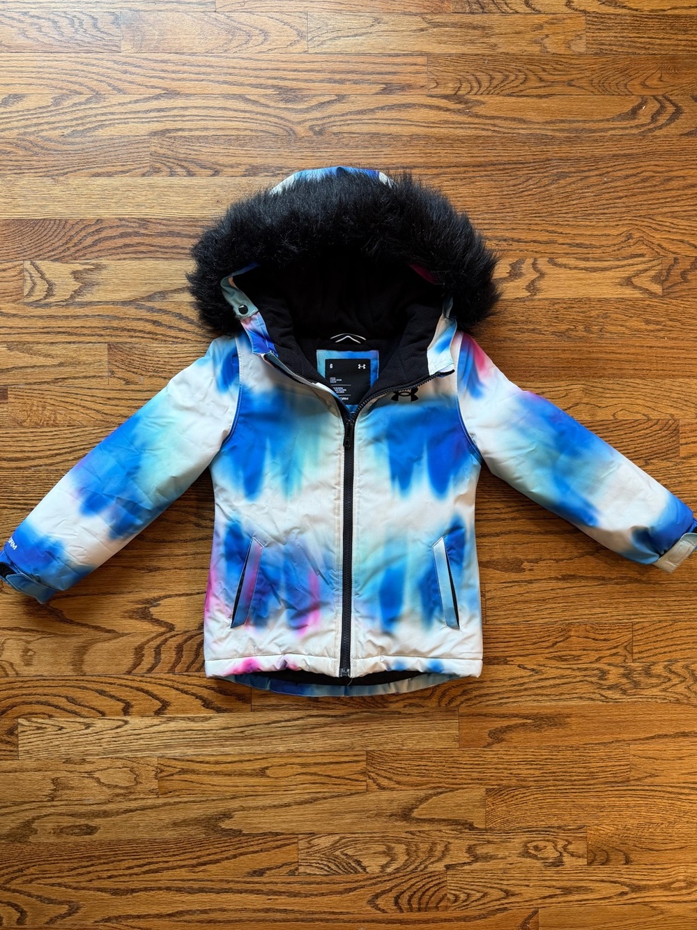 Kids Tie-Dye Blue Winter Jacket with Faux Fur Hood